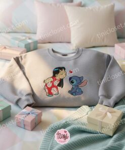 Ohana Means Family Embroidered Shirt, Lilo and Stitch Kissing Crewneck, Aesthetic Disney Character Embroidery, Custom Gift for Her (1)