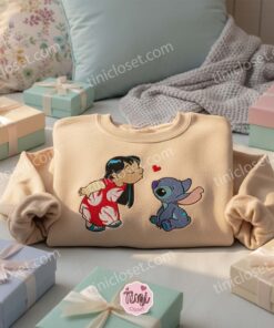 Ohana Means Family Embroidered Shirt, Lilo and Stitch Kissing Crewneck, Aesthetic Disney Character Embroidery, Custom Gift for Her (3)