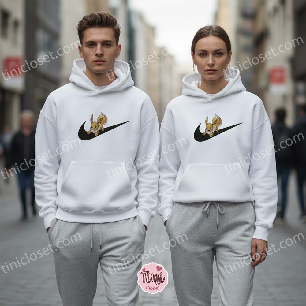 Custom Eevee Embroidered Sweatshirt, Swoosh Pokemon Crewneck, Anime Streetwear Hoodie Custom Eevee Embroidered Sweatshirt, Swoosh Pokemon Crewneck, Anime Streetwear Hoodie