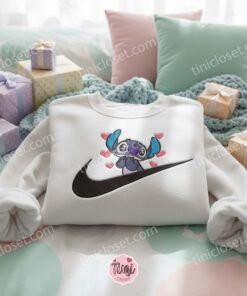 Stitch Swoosh Heart Valentine Embroidered Hoodie, Custom Love Experiment 626 Sweatshirt, Ohana Means Family Crewneck, Disney Gift for Him Her (1)