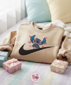 Stitch Swoosh Heart Valentine Embroidered Hoodie, Custom Love Experiment 626 Sweatshirt, Ohana Means Family Crewneck, Disney Gift for Him Her (2)