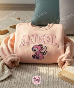 Angel Iconic Sitting Pose Embroidered Sweatshirt, Custom Classic Pink Stitchmas Hoodie, Sweet Angel Sitting Crewneck, Gift for Him Her (1)