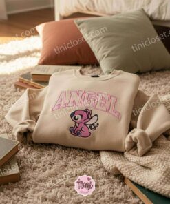 Angel Iconic Sitting Pose Embroidered Sweatshirt, Custom Classic Pink Stitchmas Hoodie, Sweet Angel Sitting Crewneck, Gift for Him Her (2)