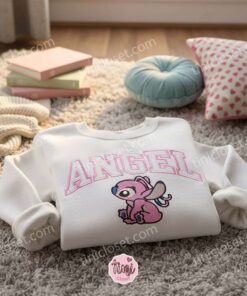 Angel Iconic Sitting Pose Embroidered Sweatshirt, Custom Classic Pink Stitchmas Hoodie, Sweet Angel Sitting Crewneck, Gift for Him Her (3)
