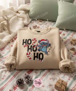 Ho Ho Ho Stitch Christmas Embroidered Hoodie, Festive Candy Cane Stitchmas Sweatshirt, Disney Holiday Spirit Apparel, Gift for Him Her (2)