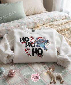Ho Ho Ho Stitch Christmas Embroidered Hoodie, Festive Candy Cane Stitchmas Sweatshirt, Disney Holiday Spirit Apparel, Gift for Him Her (3)