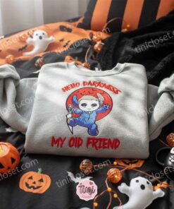 Halloween Stitch Michael Myers Embroidered Hoodie, Hello Darkness My Old Friend Sweatshirt, Disney Horror Mashup Holiday Crewneck, Gift for Him Her (1)