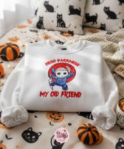 Halloween Stitch Michael Myers Embroidered Hoodie, Hello Darkness My Old Friend Sweatshirt, Disney Horror Mashup Holiday Crewneck, Gift for Him Her (2)