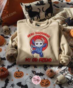 Halloween Stitch Michael Myers Embroidered Hoodie, Hello Darkness My Old Friend Sweatshirt, Disney Horror Mashup Holiday Crewneck, Gift for Him Her (3)
