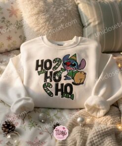 Jolly Stitch Elf Ho Ho Ho Embroidered Sweatshirt, Stitch Green Elf with Candy Cane Hoodie, Festive Disney Holiday Spirit, Gift for Him Her (1)