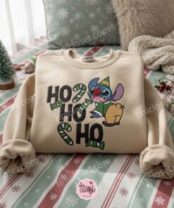 Jolly Stitch Elf Ho Ho Ho Embroidered Sweatshirt, Stitch Green Elf with Candy Cane Hoodie, Festive Disney Holiday Spirit, Gift for Him Her (2)
