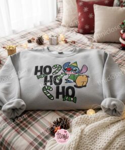 Jolly Stitch Elf Ho Ho Ho Embroidered Sweatshirt, Stitch Green Elf with Candy Cane Hoodie, Festive Disney Holiday Spirit, Gift for Him Her (3)