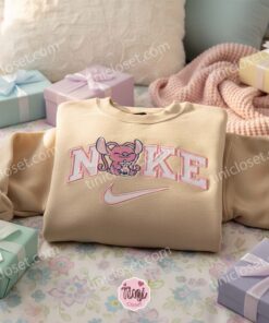 Matching Couple Angel Boba Embroidered Hoodie, Custom Experiment 626 Drinking Tea Shirt, Minimalist Ohana Crewneck, Anniversary Gift for Disney Lovers (1)