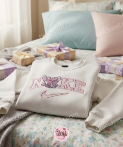 Matching Couple Angel Boba Embroidered Hoodie, Custom Experiment 626 Drinking Tea Shirt, Minimalist Ohana Crewneck, Anniversary Gift for Disney Lovers (2)