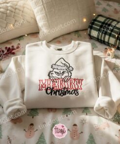 Merry Christmas Grinch Embroidered Hoodie, Grinch Face with Santa Hat Sweatshirt, Holiday Movie Fan Disney Crewneck, Gift for Him Her (1)