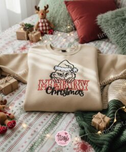 Merry Christmas Grinch Embroidered Hoodie, Grinch Face with Santa Hat Sweatshirt, Holiday Movie Fan Disney Crewneck, Gift for Him Her (2)