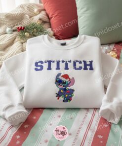 Merry Stitchmas Christmas Embroidered Hoodie, Festive Stitch Christmas Lights Sweatshirt, Santa Hat Disney Crewneck, Holiday Gift for Him Her (1)