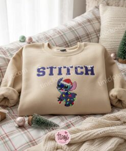 Merry Stitchmas Christmas Embroidered Hoodie, Festive Stitch Christmas Lights Sweatshirt, Santa Hat Disney Crewneck, Holiday Gift for Him Her (2)