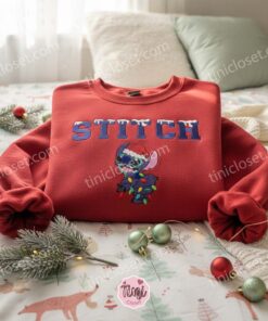 Merry Stitchmas Christmas Embroidered Hoodie, Festive Stitch Christmas Lights Sweatshirt, Santa Hat Disney Crewneck, Holiday Gift for Him Her (3)