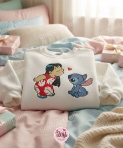 Ohana Means Family Embroidered Shirt, Lilo and Stitch Kissing Crewneck, Aesthetic Disney Character Embroidery, Custom Gift for Her (2)
