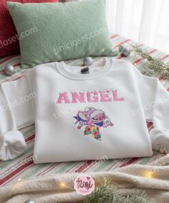 Snowy Angel Skating Embroidered Sweatshirt, Pink Angel Christmas Lights Hoodie, Custom Holiday Experiment 624 Crewneck, Gift for Him Her (1)