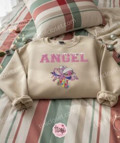 Snowy Angel Skating Embroidered Sweatshirt, Pink Angel Christmas Lights Hoodie, Custom Holiday Experiment 624 Crewneck, Gift for Him Her (2)