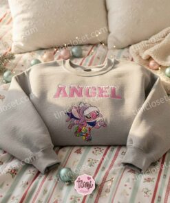 Snowy Angel Skating Embroidered Sweatshirt, Pink Angel Christmas Lights Hoodie, Custom Holiday Experiment 624 Crewneck, Gift for Him Her (3)
