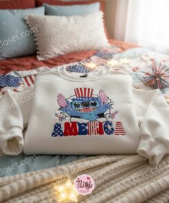 Stitch 4th of July Independence Day Embroidered Hoodie, Patriotic American Flag Stitch Sweatshirt, Fireworks Disney Crewneck, Gift for Him Her (1)