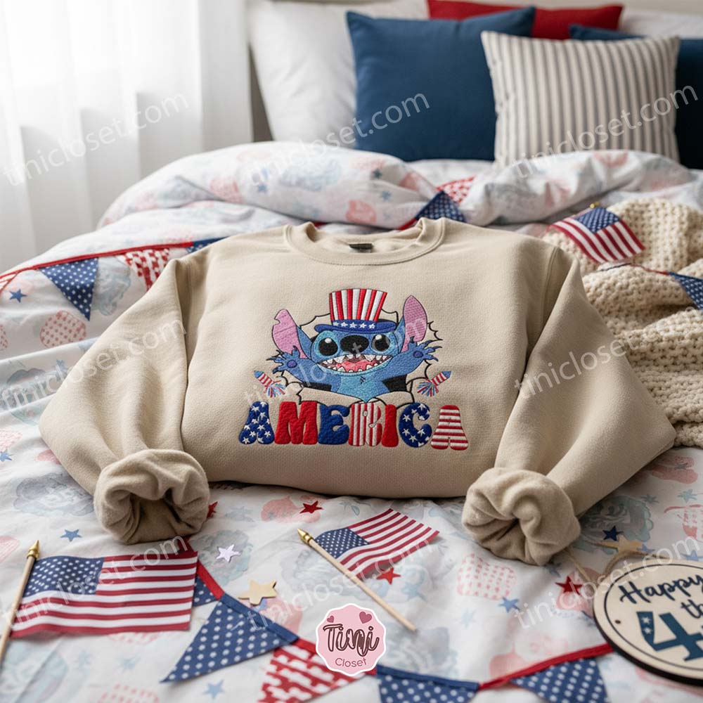 Stitch 4th of July Independence Day Embroidered Hoodie, Patriotic American Flag Stitch Sweatshirt, Fireworks Disney Crewneck, Gift for Him Her Stitch 4th of July Independence Day Embroidered Hoodie, Patriotic American Flag Stitch Sweatshirt, Fireworks Disney Crewneck, Gift for Him Her