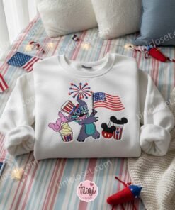 Stitch 4th of July Independence Day Embroidered Hoodie, Patriotic Stitch American Flag Sweatshirt, Fireworks Disney Crewneck, Gift for Him Her (1)