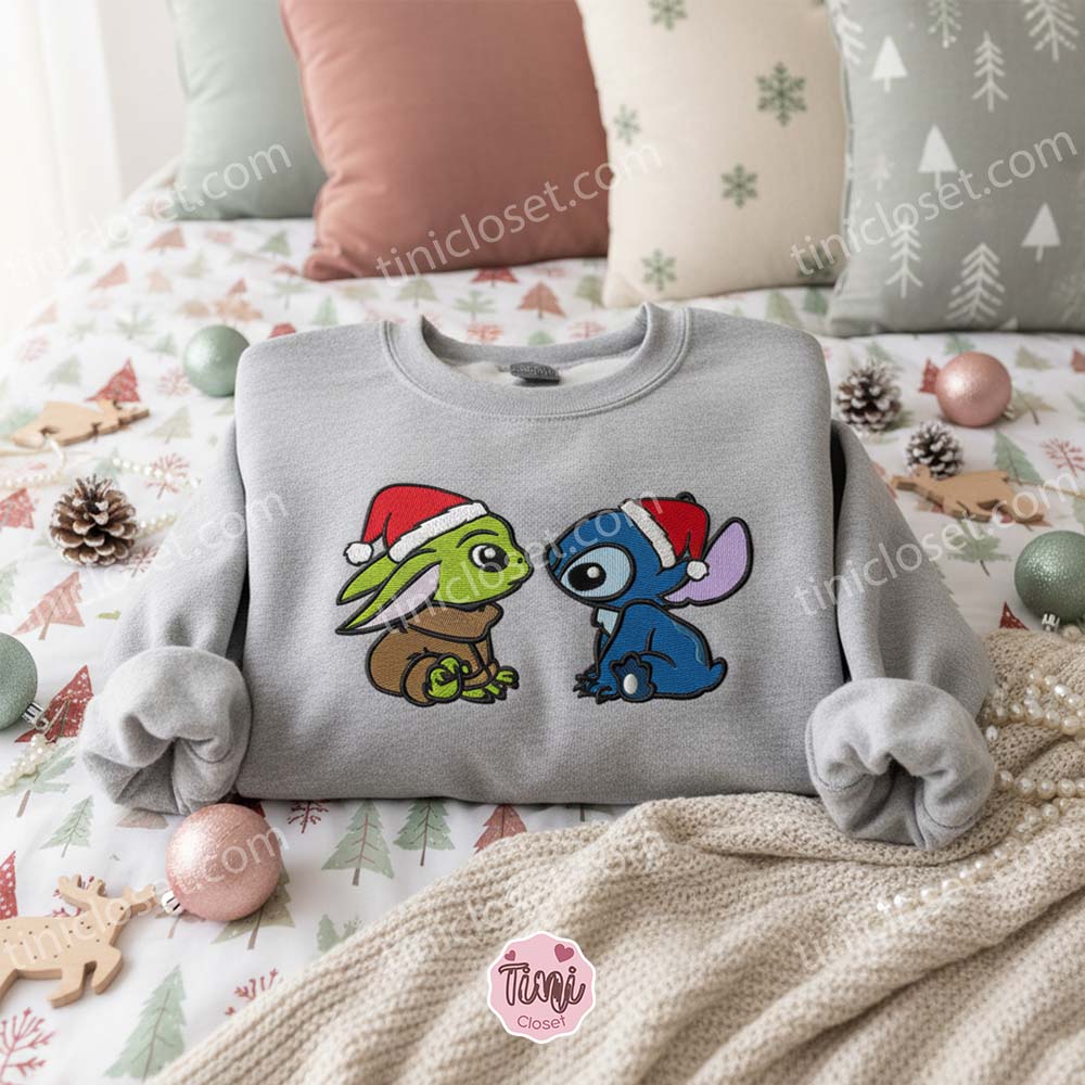 Stitch and Baby Yoda Christmas Embroidered Hoodie, Grogu and Experiment 626 Holiday Sweatshirt, Galactic Xmas Crewneck, Gift for Him Her Stitch and Baby Yoda Christmas Embroidered Hoodie, Grogu and Experiment 626 Holiday Sweatshirt, Galactic Xmas Crewneck, Gift for Him Her