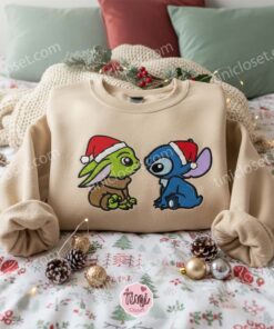 Stitch and Baby Yoda Christmas Embroidered Hoodie, Grogu and Experiment 626 Holiday Sweatshirt, Galactic Xmas Crewneck, Gift for Him Her (3)