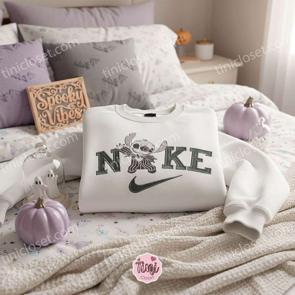 Stitch as Jack Skellington Halloween Embroidered Sweatshirt, Custom Nightmare Stitchmas Hoodie, Spooky Spirit Ohana Crewneck, Gift for Him Her Stitch as Jack Skellington Halloween Embroidered Sweatshirt, Custom Nightmare Stitchmas Hoodie, Spooky Spirit Ohana Crewneck, Gift for Him Her