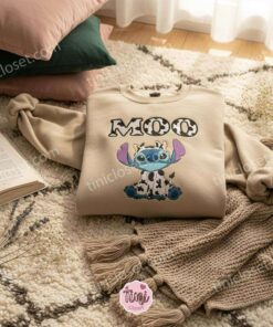 Stitch Cosplay Milk Cow Embroidered Hoodie, Moo Moo Experiment 626 Sweatshirt, Cute Animal Costume Apparel, Gift for Him Her (1)