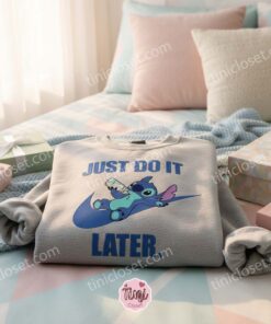 Stitch Drinking Milk Just Do It Later Embroidered Hoodie, Custom Lazy Experiment 626 Sweatshirt, Ohana Means Family Crewneck, Gift for Him Her (2)