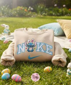 Stitch Easter Bunny Ears and Magical Egg Embroidered Hoodie, Egg Hunter Experiment 626 Sweatshirt, Cute Spring Holiday Apparel, Gift for Him Her (1)
