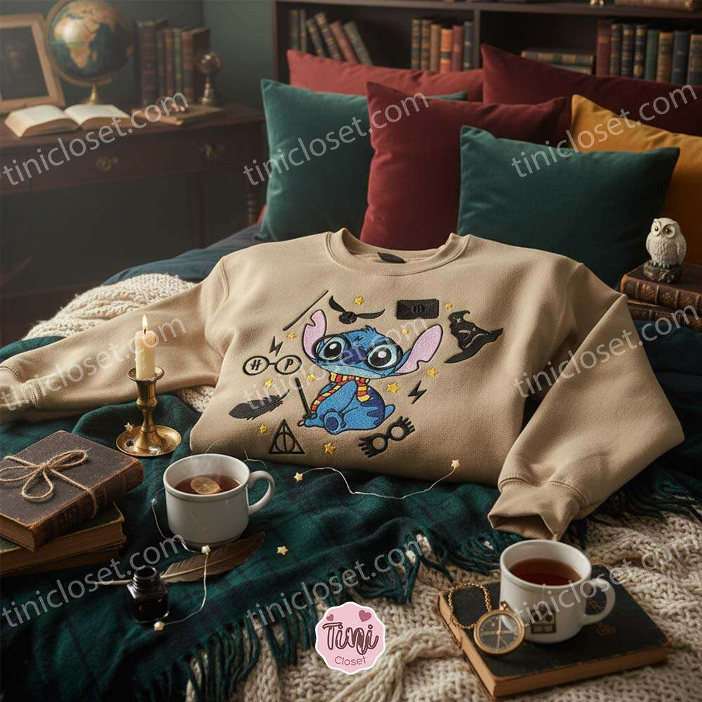 Stitch Harry Potter Embroidered Hoodie, Embroidered Wizarding World Sweatshirt, Disney Gift for Potterheads Stitch Harry Potter Embroidered Hoodie, Embroidered Wizarding World Sweatshirt, Disney Gift for Potterheads