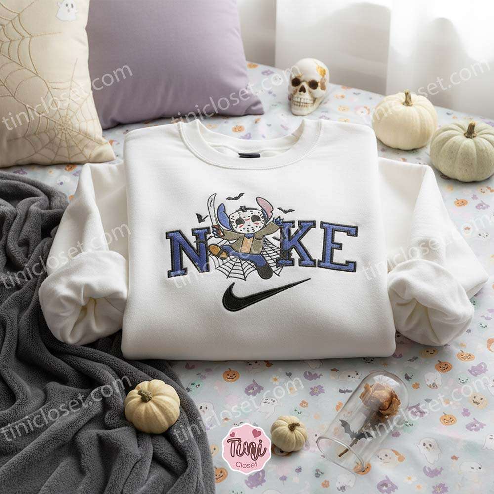 Stitch Jason Voorhees Spiderweb Halloween Embroidered Hoodie, Friday the 13th Experiment 626 Sweatshirt, Spooky Web Horror Apparel, Gift for Him Her Stitch Jason Voorhees Spiderweb Halloween Embroidered Hoodie, Friday the 13th Experiment 626 Sweatshirt, Spooky Web Horror Apparel, Gift for Him Her