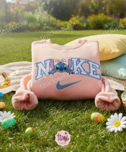 Stitch Lying Easter Bunny Ears Embroidered Hoodie, Lazy Bunny Experiment 626 Sweatshirt, Cute Relaxing Spring Apparel, Gift for Him Her (2)