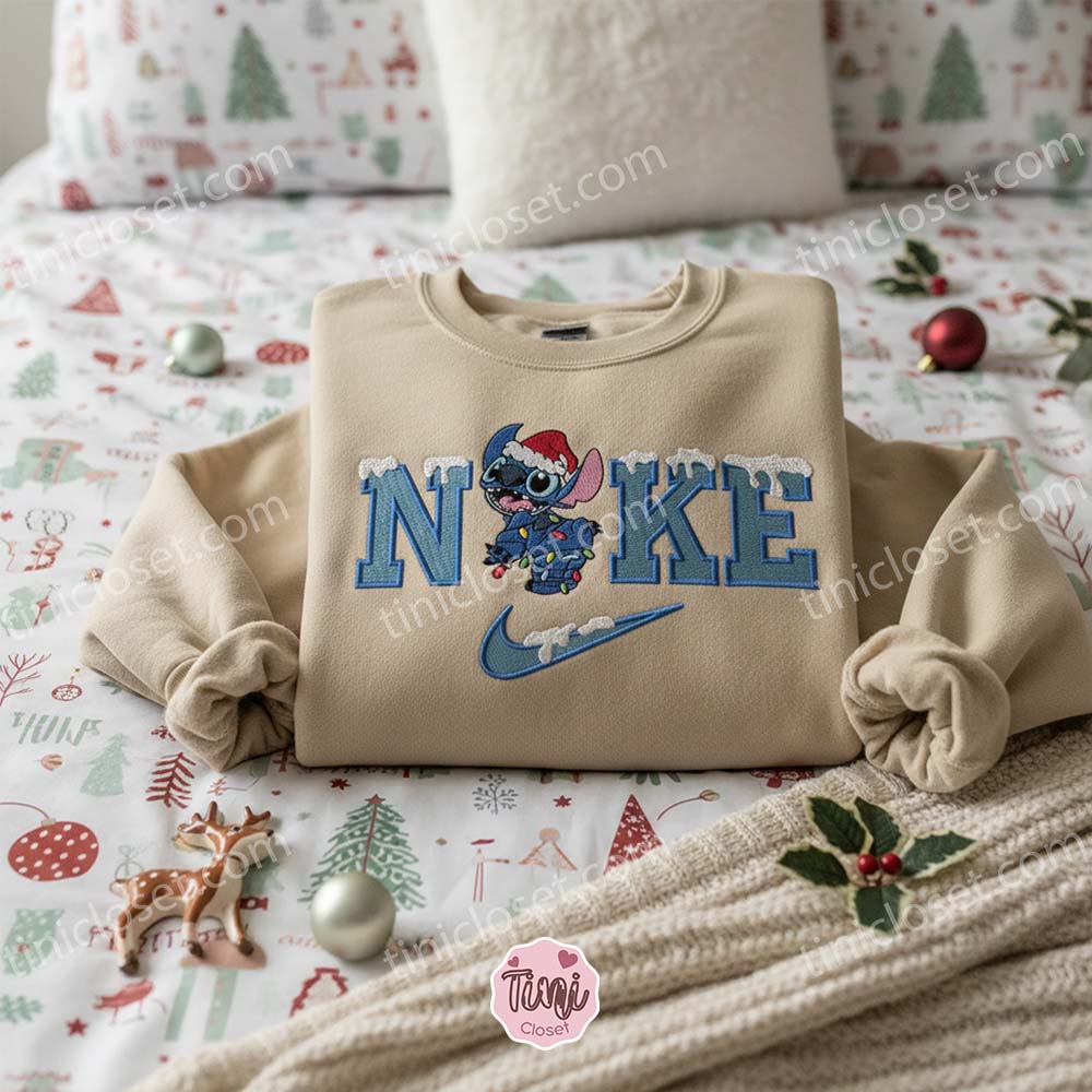Stitch Snowy Christmas Embroidered Hoodie, Festive Sporty Experiment 626 Sweatshirt, Snowy Swoosh Holiday Apparel, Gift for Him Her Stitch Snowy Christmas Embroidered Hoodie, Festive Sporty Experiment 626 Sweatshirt, Snowy Swoosh Holiday Apparel, Gift for Him Her