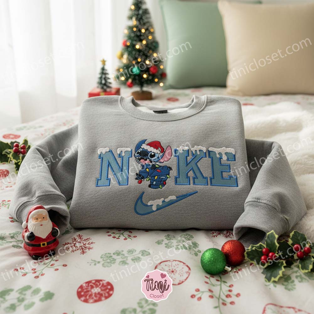 Stitch Snowy Christmas Embroidered Hoodie, Festive Sporty Experiment 626 Sweatshirt, Snowy Swoosh Holiday Apparel, Gift for Him Her Stitch Snowy Christmas Embroidered Hoodie, Festive Sporty Experiment 626 Sweatshirt, Snowy Swoosh Holiday Apparel, Gift for Him Her