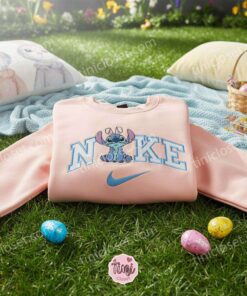 Stitch Sitting Easter Bunny Ears Embroidered Hoodie, Classic Bunny Experiment 626 Sweatshirt, Cute Spring Holiday Apparel, Gift for Him Her (1)