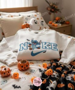 Stitch with Flying Bats and Pumpkin Embroidered Sweatshirt, Custom Spooky Season Stitch Hoodie, Disney Halloween Ghost Spirit Shirt, Gift for Him Her