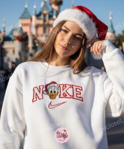 Christmas Donald Duck Embroidered Sweatshirt, Santa Duck Disney Holiday Shirt, Custom Nike Inspired Xmas Hoodie, Disney Character Christmas Embroidered Apparel (2)