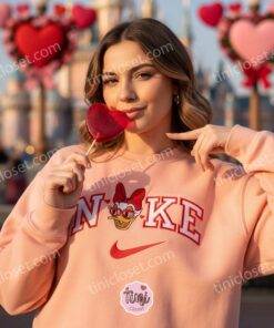Daisy Duck Heart Embroidered Sweatshirt, Disney Valentine Character Hoodie, Custom Nike Inspired Daisy Duck Shirt, Romantic Cartoon Embroidered Crewneck