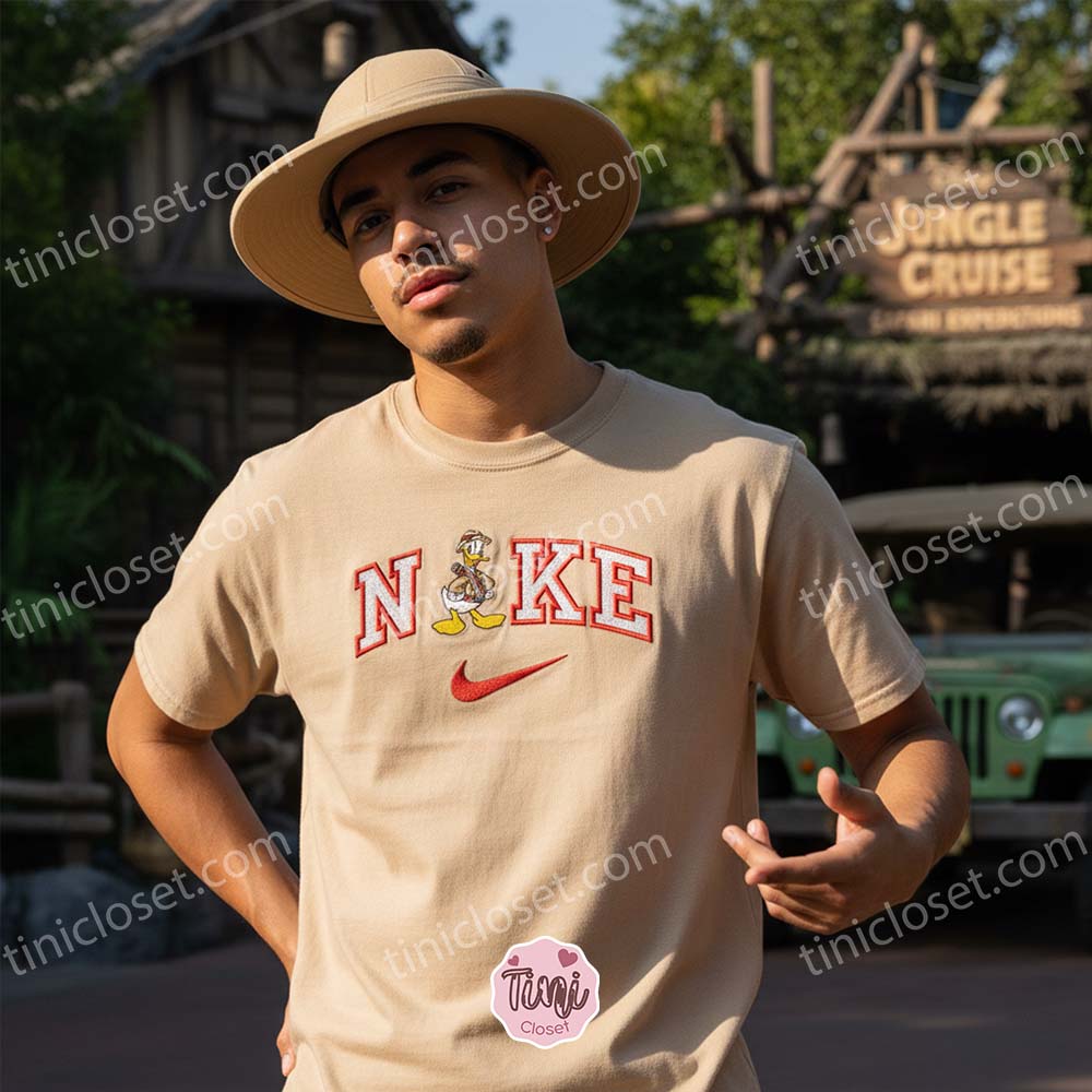 Donald Duck Safari Embroidered Shirt, Disney Character Embroidered Hoodie, Custom Nike Inspired Sportswear Hoodie, Funny Duck Embroidered Crewneck Donald Duck Safari Embroidered Shirt, Disney Character Embroidered Hoodie, Custom Nike Inspired Sportswear Hoodie, Funny Duck Embroidered Crewneck