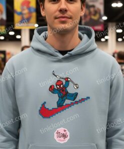 Pixel Swoosh Spider Man Embroidered Crewneck, Embroidered Brick Superhero T Shirt, Retro Gamer Superhero Apparel (1)