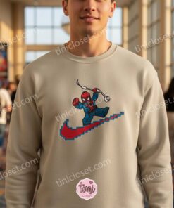 Pixel Swoosh Spider Man Embroidered Crewneck, Embroidered Brick Superhero T Shirt, Retro Gamer Superhero Apparel (4)
