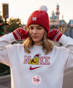 Winnie the Pooh Christmas Embroidered Sweatshirt, Disney Pooh Bear Nike Inspired Hoodie, Custom Christmas Embroidered Shirt, Retro Cartoon Xmas Crewneck (1)