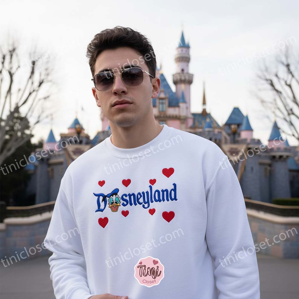 Embroidered Donald Duck Disneyland Sweatshirt, Cute Valentine Crewneck, Disney Hearts Hoodie & Shirt Embroidered Donald Duck Disneyland Sweatshirt, Cute Valentine Crewneck, Disney Hearts Hoodie & Shirt